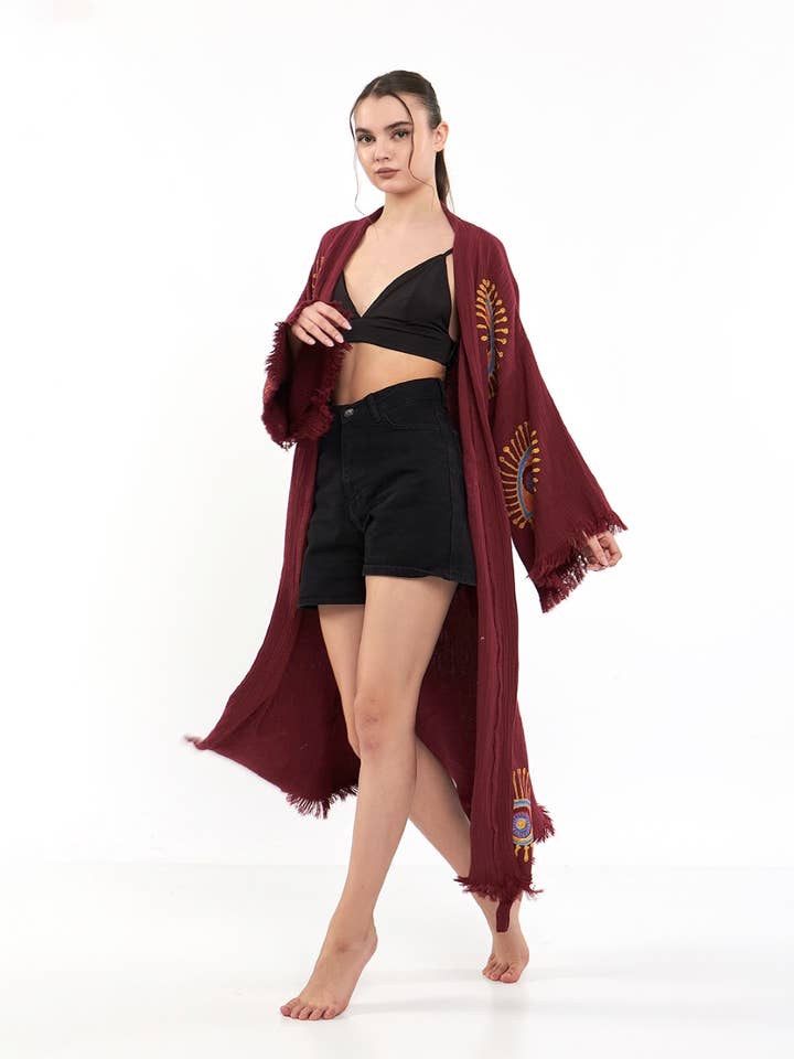 Yaz Concepts - Wholesale Kimono - Women's - Burgundy Evil Eye Print Bathrobe Festival Kimono Robe 14