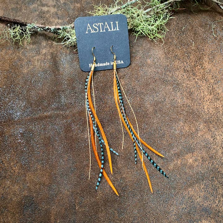 Mini Feather Earrings - Teal Grizzly & Fawn/Gold, Western for wholesale by ASTALI