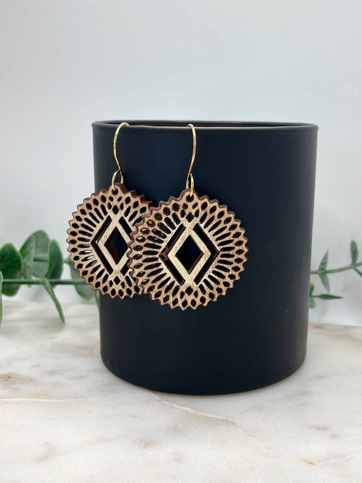 Diamond Radial Rounds Wood Dangle Earrings for wholesale by Rosey Oak Designs