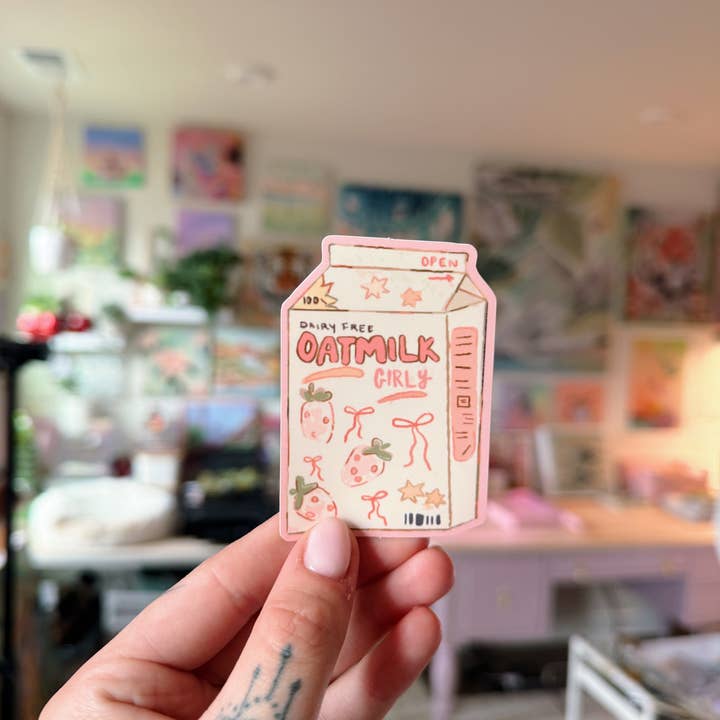Oat Milk Girly Vinyl Sticker for wholesale by Jess Harris Art