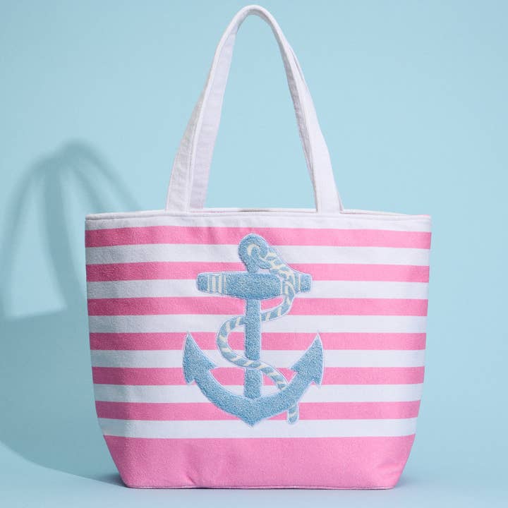 Terry Stripe Print and Anchor Patched Large Size Beach Tote for wholesale by Lilla Haven