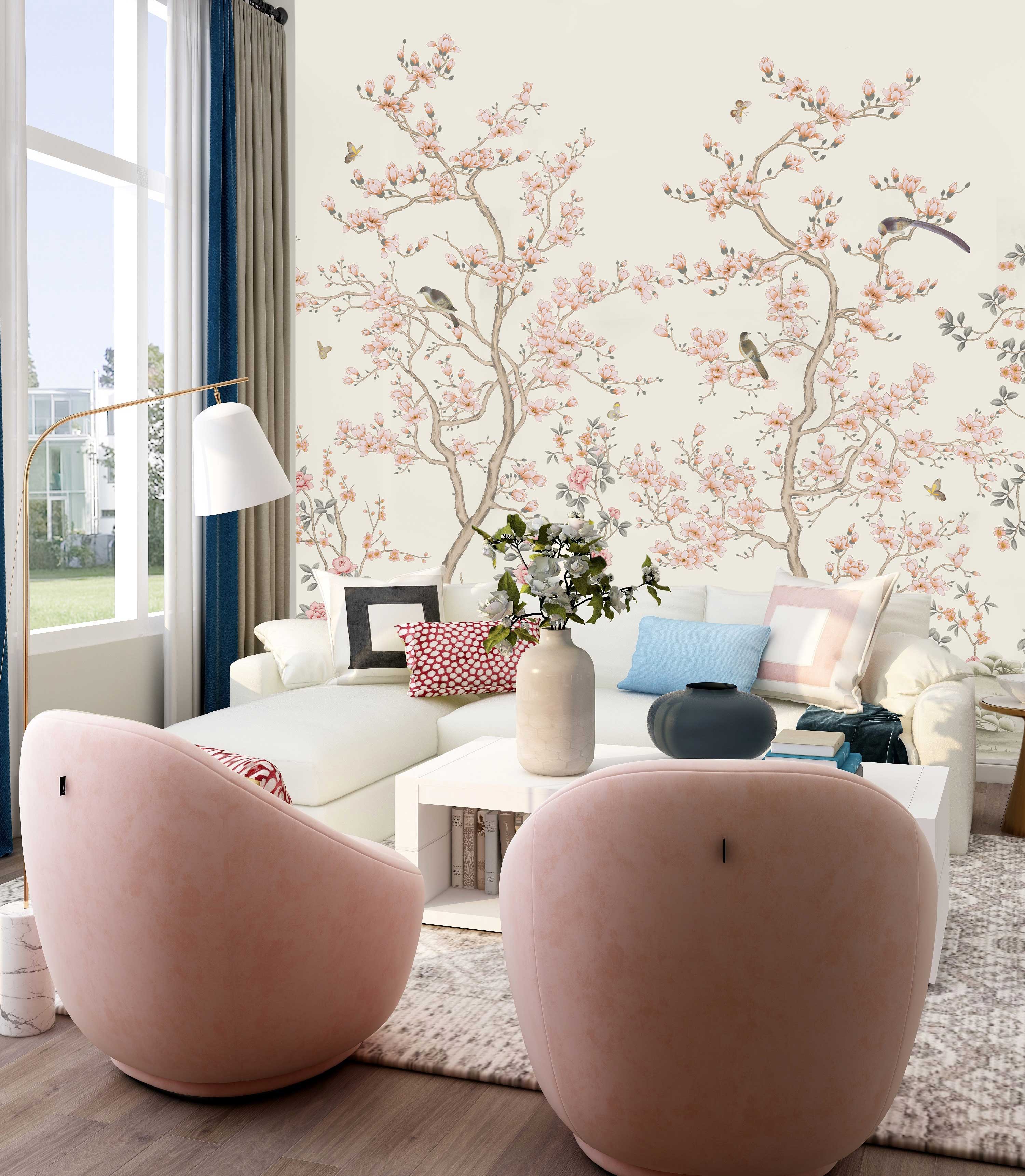 GK Home Decor - Venta al por mayor Papel pintado - Murales de papel pintado Chinoiserie Serene Blossom ilustrado a mano1