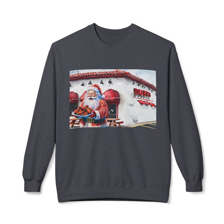 Santa Getting Wings at Duff's Cozy Unisex Christmas Crewneck Sweatshirt for wholesale by Buffalovely