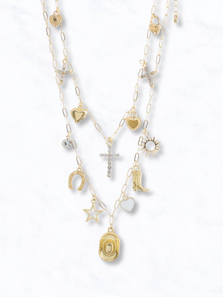 Gold Multi-Charm Layered Necklace for wholesale by Suzie Q USA