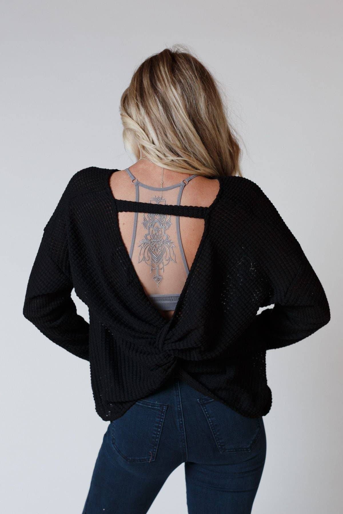 Three Bird Nest - Wholesale Knit Top - Women's - Flattering Open Back Thermal Knit Top - Black1
