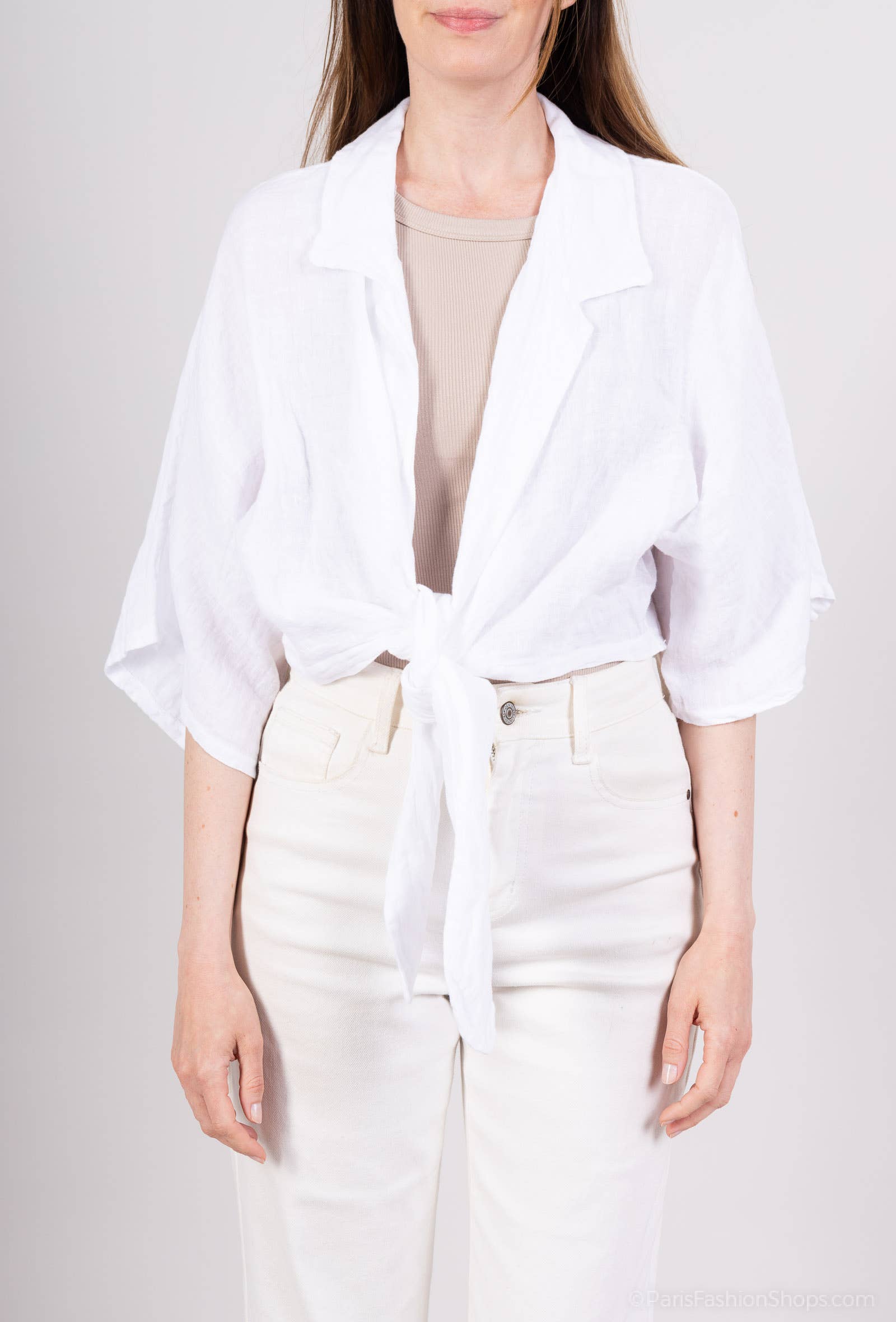 L'Emotion - Venta al por mayor Blusa - Mujer - Blusa corta de lino 100 % con mangas 3/4 y nudo2