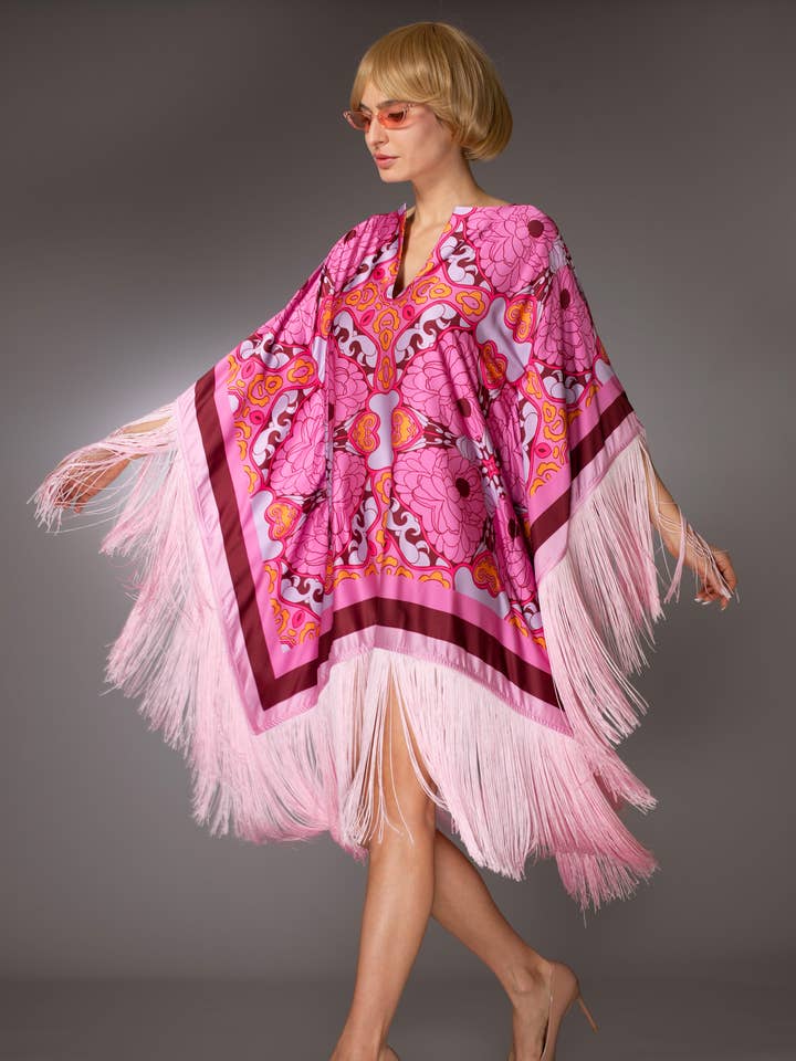 Pink Floral Fringed Satin Short Kaftan Dress for wholesale on Faire3