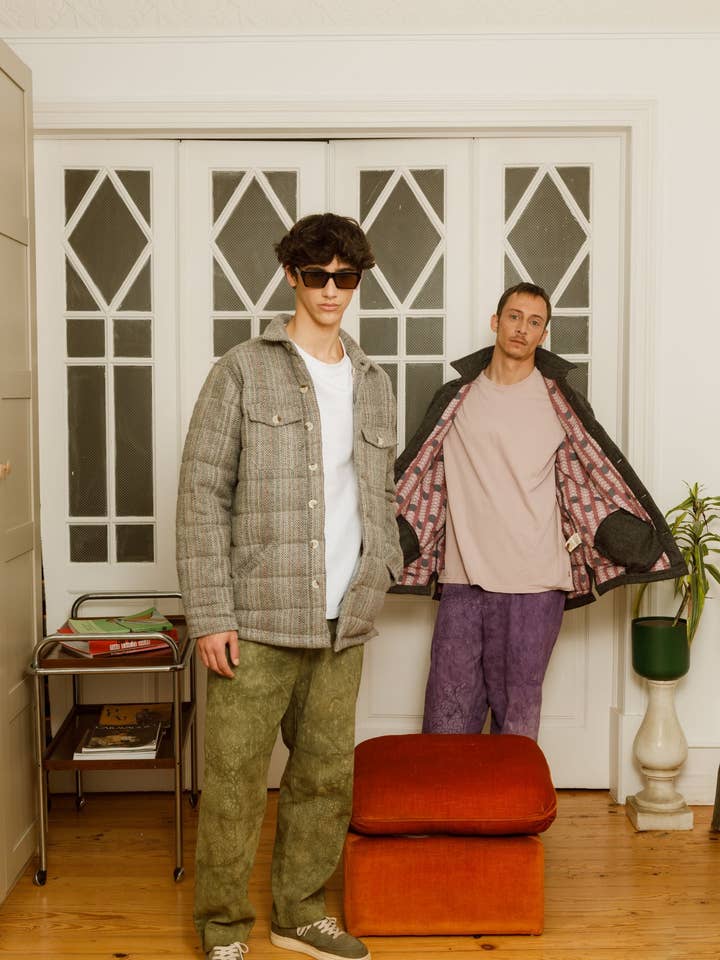 Grey vortex upcycled wool puffer jacket in brown for wholesale on Faire2