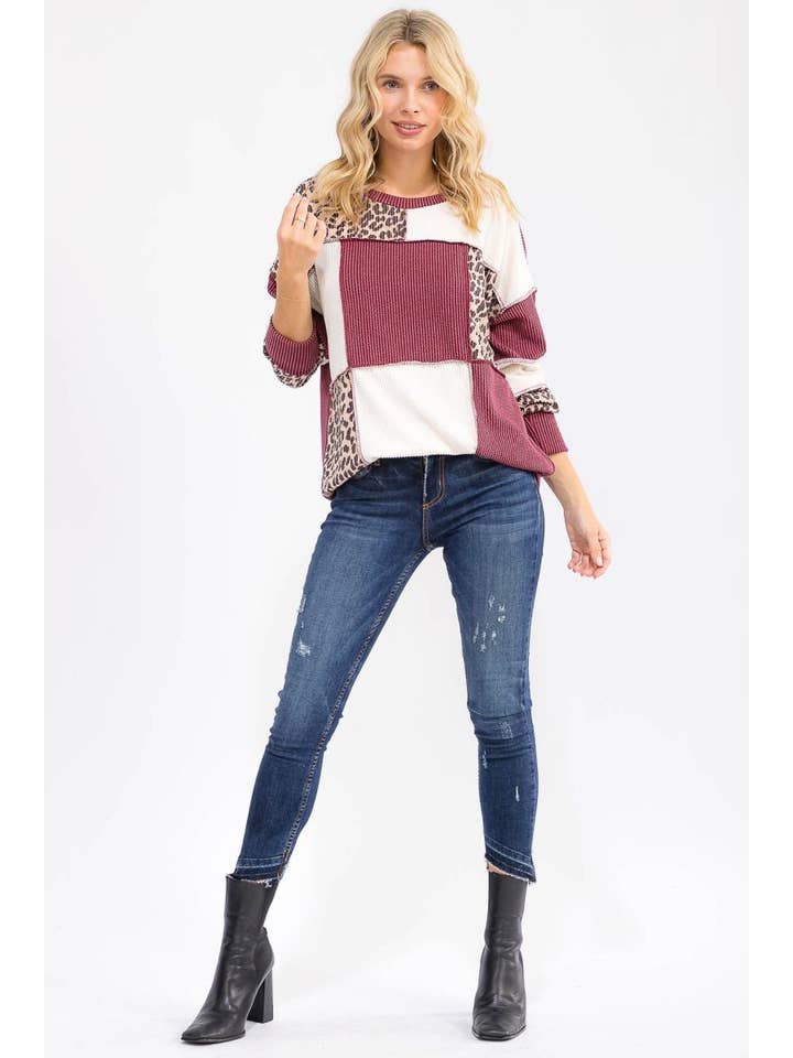 Vanilla Monkey - Wholesale Knit Top - Women's - Leopard Patchwork Color Block Rib Knit Sweater7
