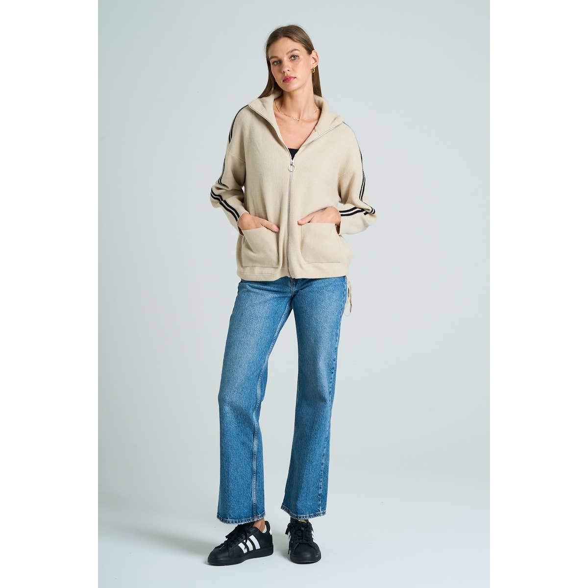 The GREii - Vente Pull en maille – femme - Pull en tricot à manches rayées et fermeture éclair6