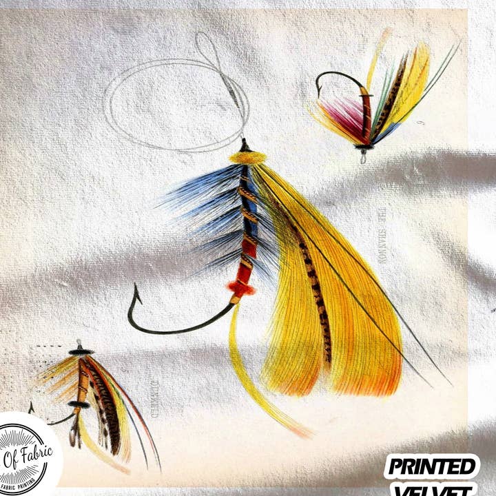 Fiske lax flugor tryckt tyg Panel för wholesale av Hills Of Fabric