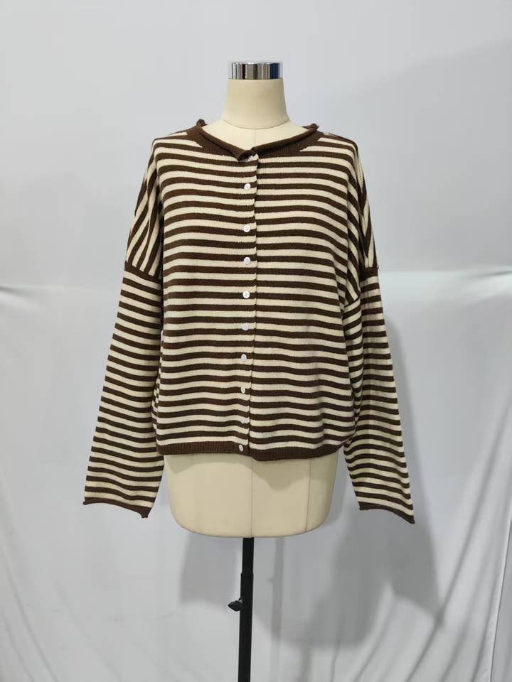 Rosa Clothing - Wholesale Cardigan - Women's - Lightweight Cozy roll neck cardigan in stripe11