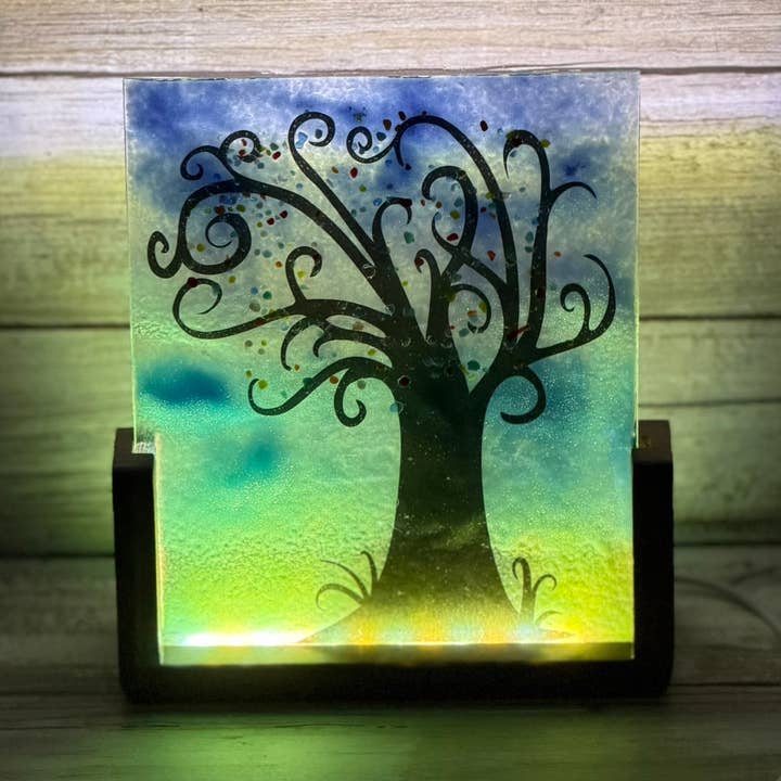 Tree - Fused Glass Art in U-shaped LED lighted base for wholesale by Glimmer Glass Gifts