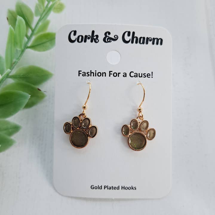 Green Paw Print Gold Earrings for wholesale by Cork and Charm