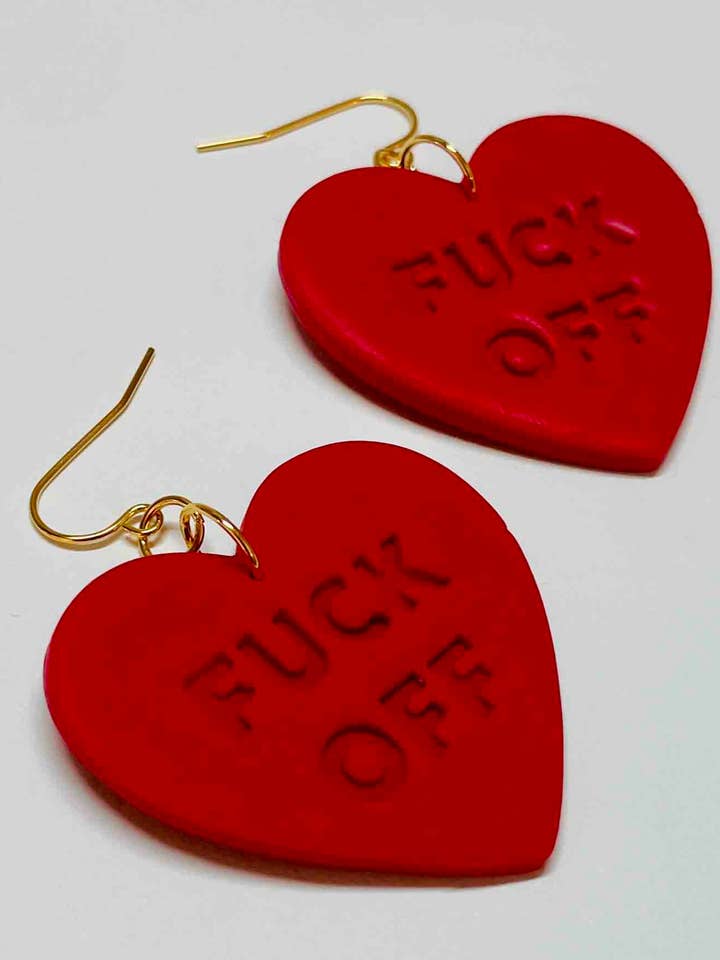 "fuck off" valentine's day hearts polymer clay statement earrings 1.5" for wholesale by Sunblind Fine Art + Wearables
