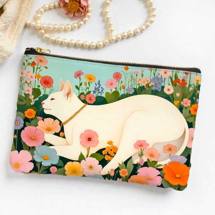 Atelier Vero – Wholesale Art & Gifts: Coastal, Cats, Blooms - Vendita all'ingrosso Astuccio - Unisex - Astuccio con Cerniera Floreale Gatto Bianco – Borsa Regalo per Amanti dei Gatti