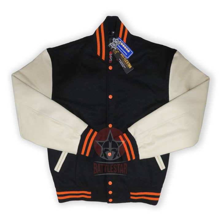 Battlestar Clothing & Gear Co – wholesale College/Baseball Jacket - Men’s – Black Wool Cream Leather Sleeves Varsity Jacket