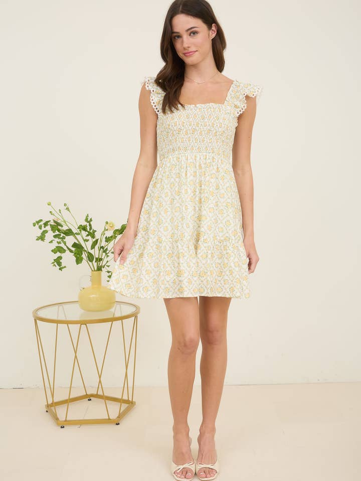 Blu Pepper - Vente Robe – femme - Robe courte à smocks à motif treillis floral