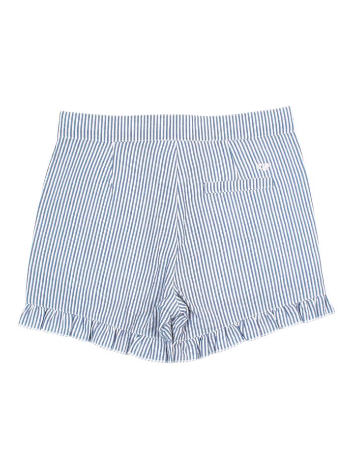 Girls Blue Seersucker Ruffle Trim Woven Shorts
for wholesale by RuffleButts + RuggedButts