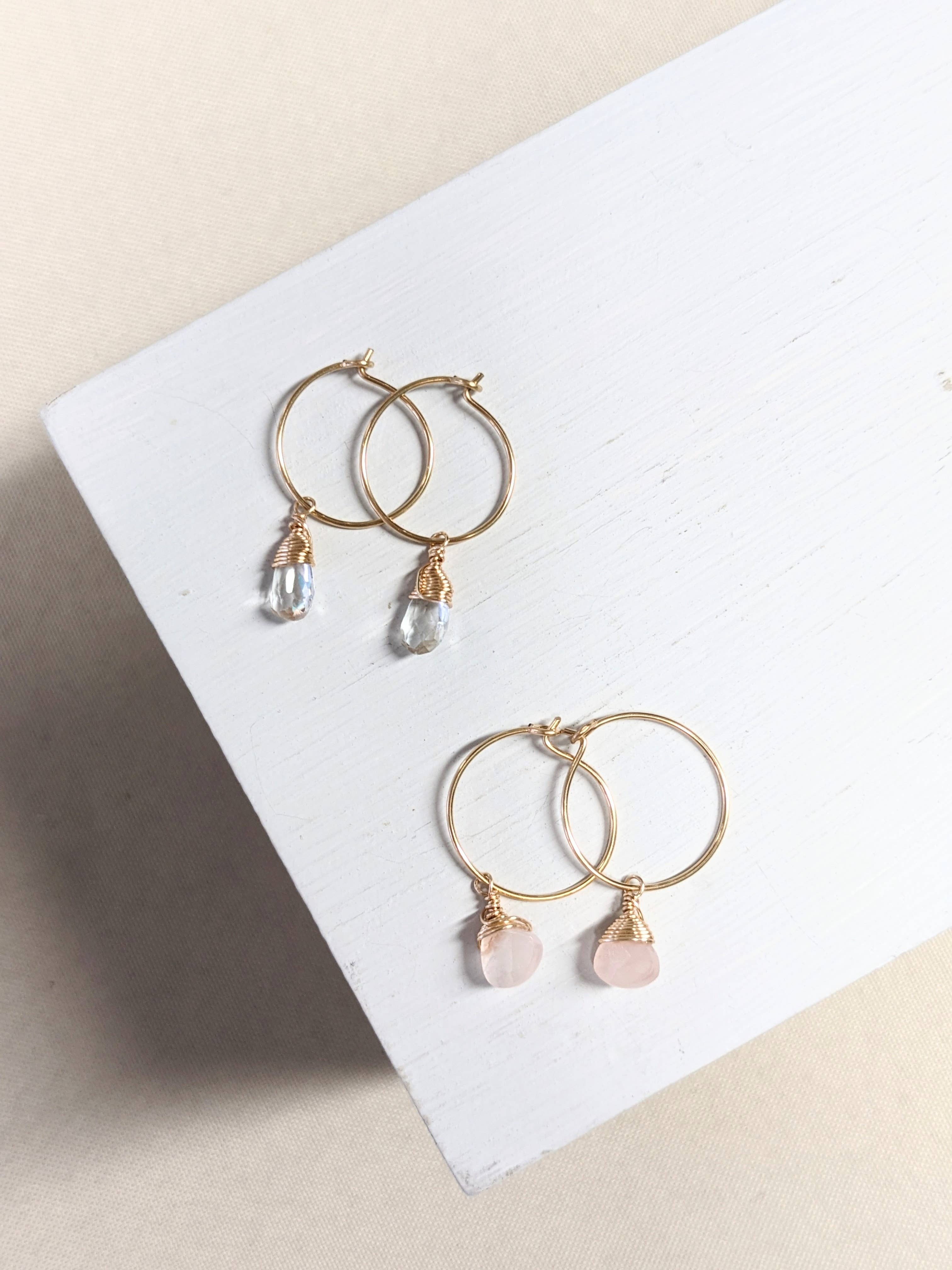 Forai - Wholesale Dangle Earrings - Rose Quartz Charm Mini Hoop Earrings in 14k Gold Filled2
