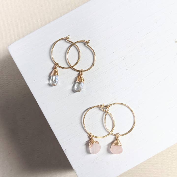 Forai - Wholesale Dangle Earrings - Rose Quartz Charm Mini Hoop Earrings in 14k Gold Filled2