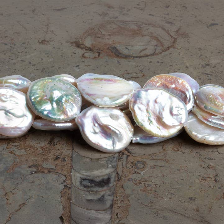 16x13mm Off White Flat Oval Coin Pearls 15 inch 21 beads for wholesale by The Bead Traders