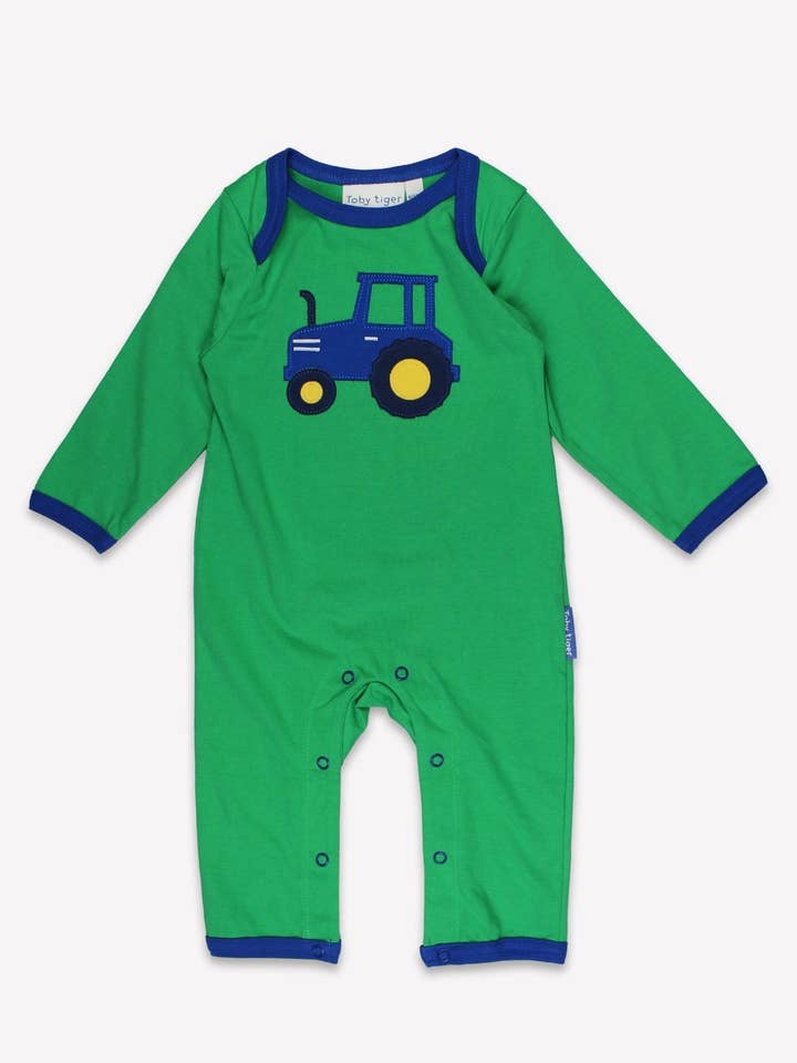 Organic Hillside Tractor Applique Babygrow for wholesale by Toby Tiger
