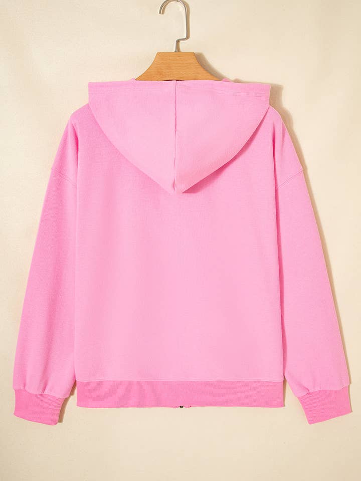 Sachet Pink Solid Color Ribbed Zip Up Drawstring Hooded Jacket for wholesale on Faire3