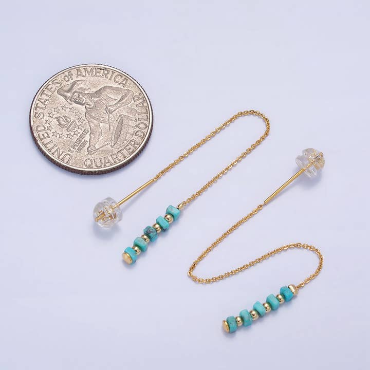 Aim Eternal - Wholesale Dangle Earrings - 16K Gold Filled Turquoise Gemstone Chain Threader Earrings