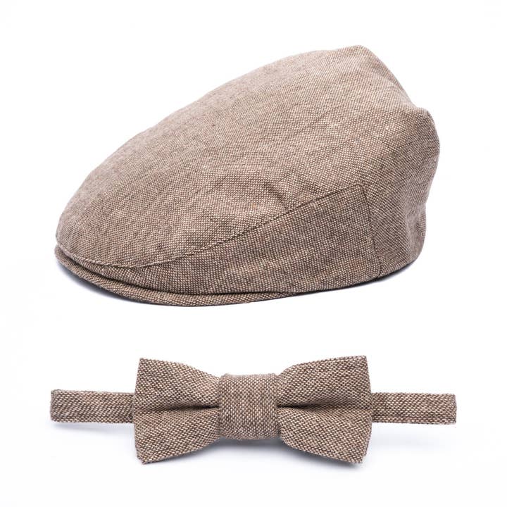 Tan Herringbone 2 Piece Bow Tie and Driver Hat Ring Bearer Special Occasion for wholesale by Born To Love