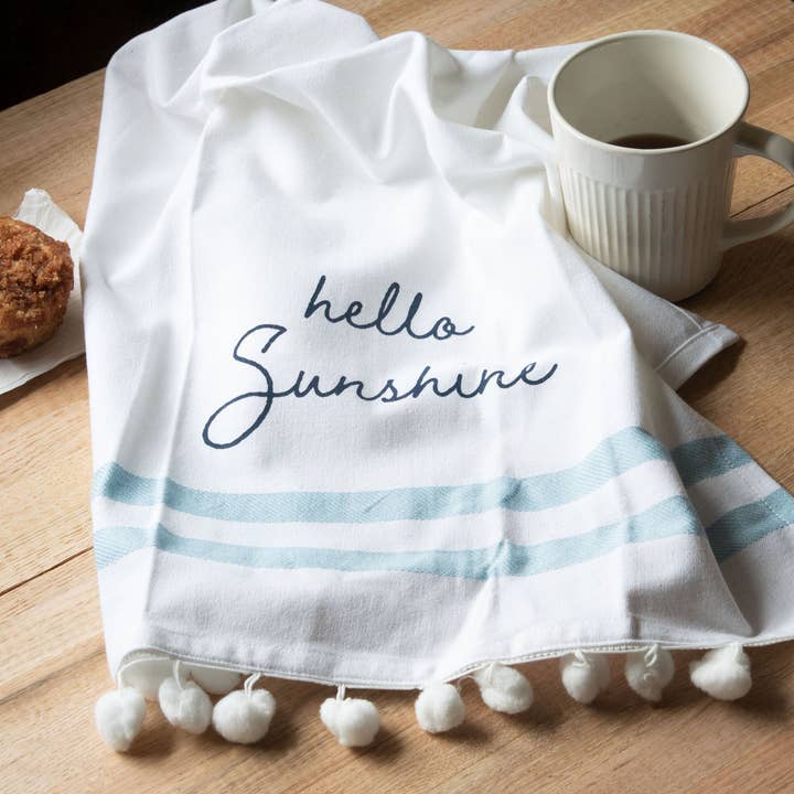 White "Hello Sunshine" Screen Printed Kitchen Tea Towel for wholesale by Foreside Home & Garden