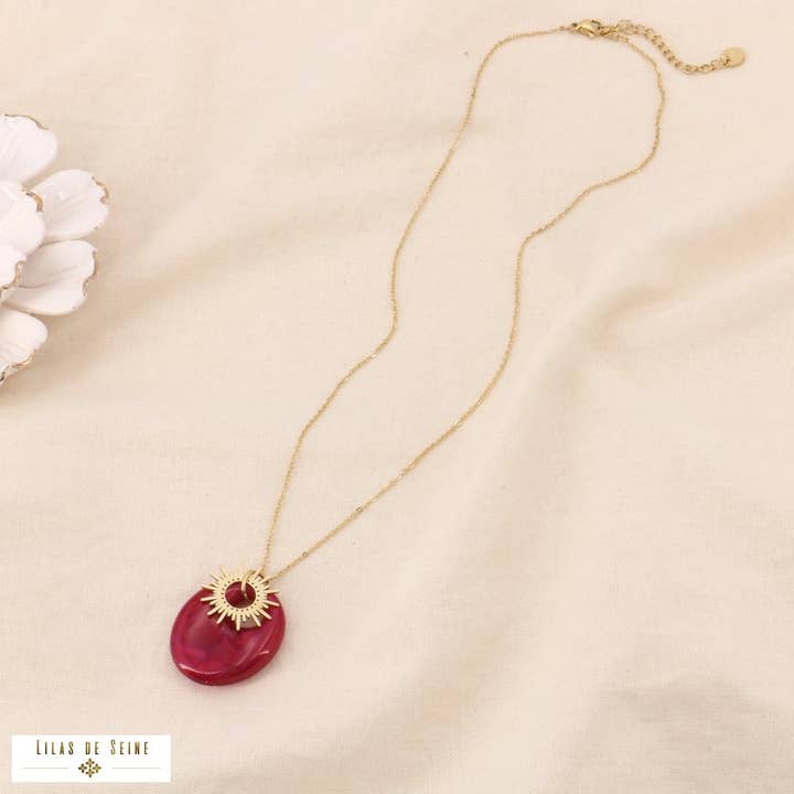 Steel necklace oval pendant marble resin sun 0124095 for wholesale by Lilas de Seine