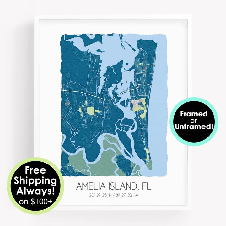 Amelia Island Florida Map - Watercolor Map Art - 4 colors for wholesale by Sparks House Co.