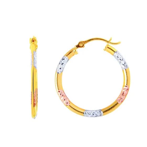 14K Tri-color Gold 2x15mm Diamond Cut Station Hoop Earring
for wholesale by Elise jewelry