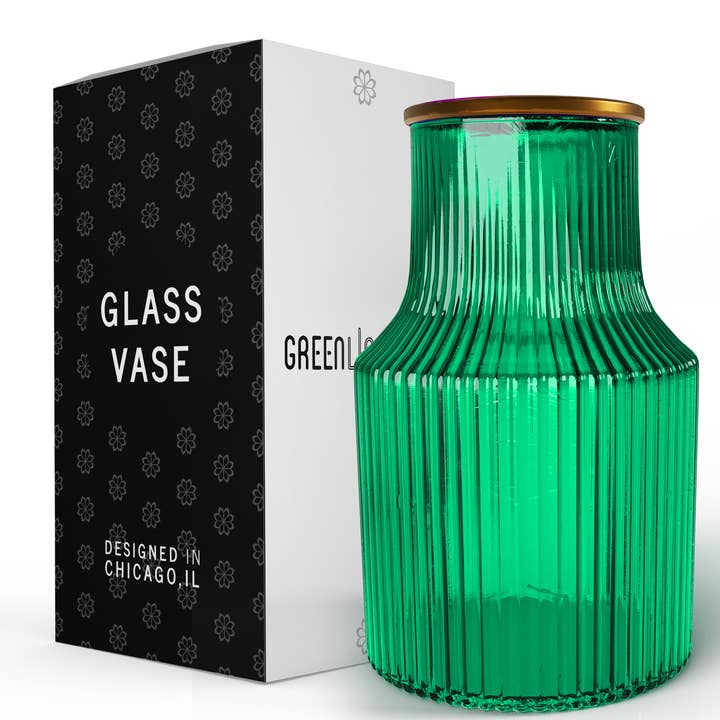 Ripple Vase Wide Bottom Ribbed Hand-Blown Flower Vase Glass for Flowers - Green for wholesale by Greenline Goods