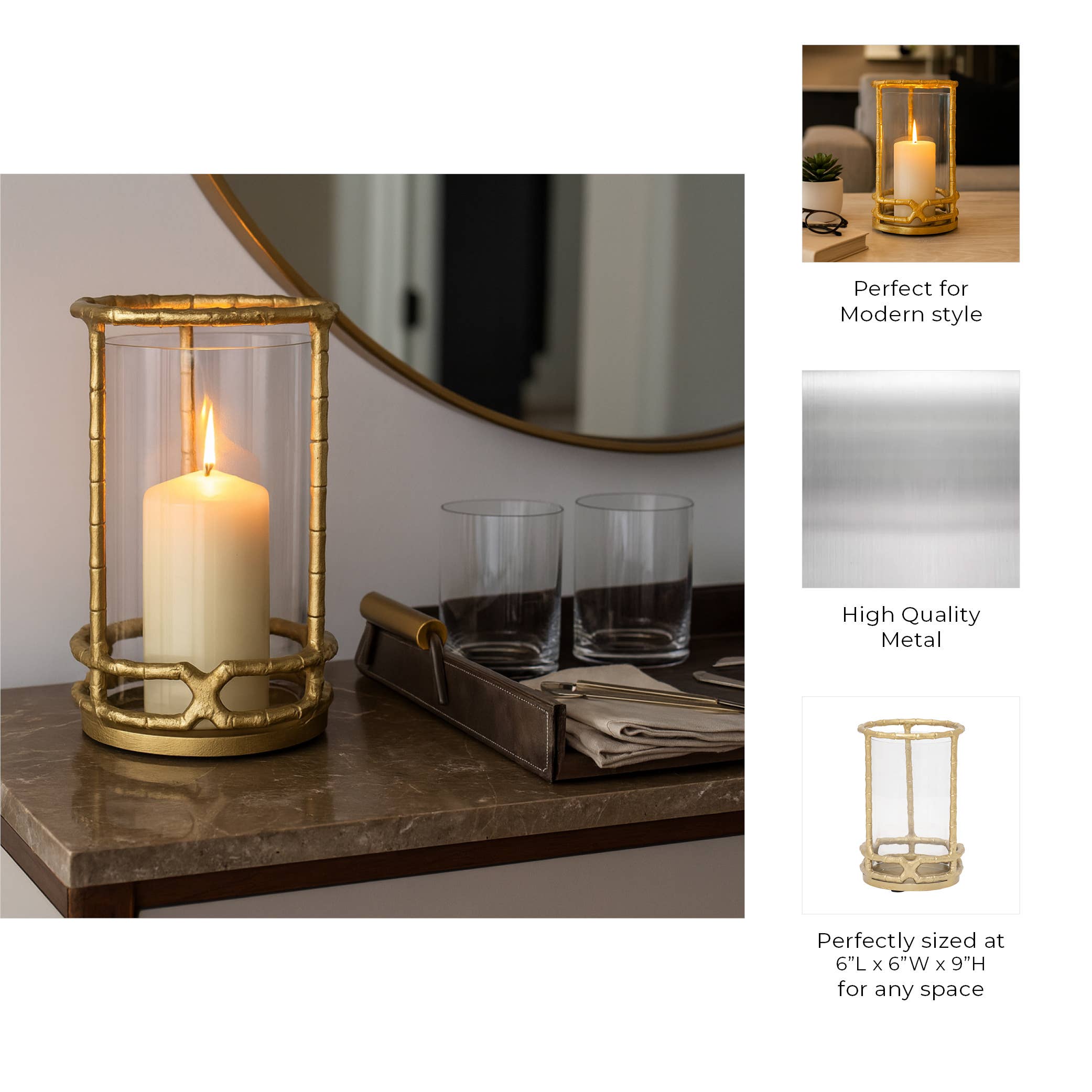 Sagebrook Home - Wholesale Candle Holder - Hurricane Candle Holder - Gold Metal Cylinder Modern, 9 in.4