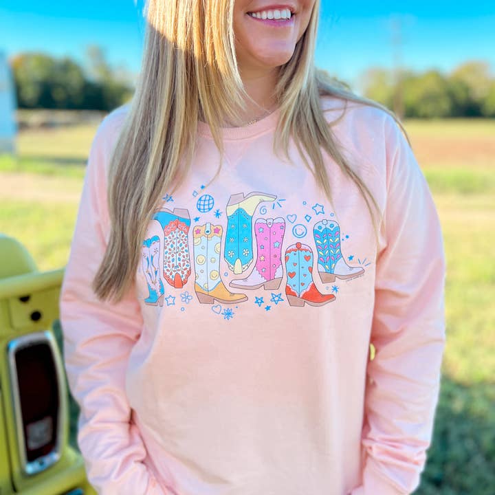 Western Cowgirl Boots Sweatshirt - Peach for wholesale by Callie Danielle