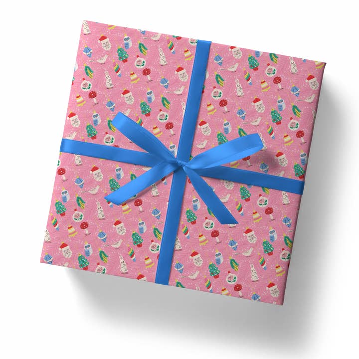 Sweary Card Lady - Wholesale Flat Wrap - Pink Feather and Baubles Christmas Gift Wrap (Folded Sheet)