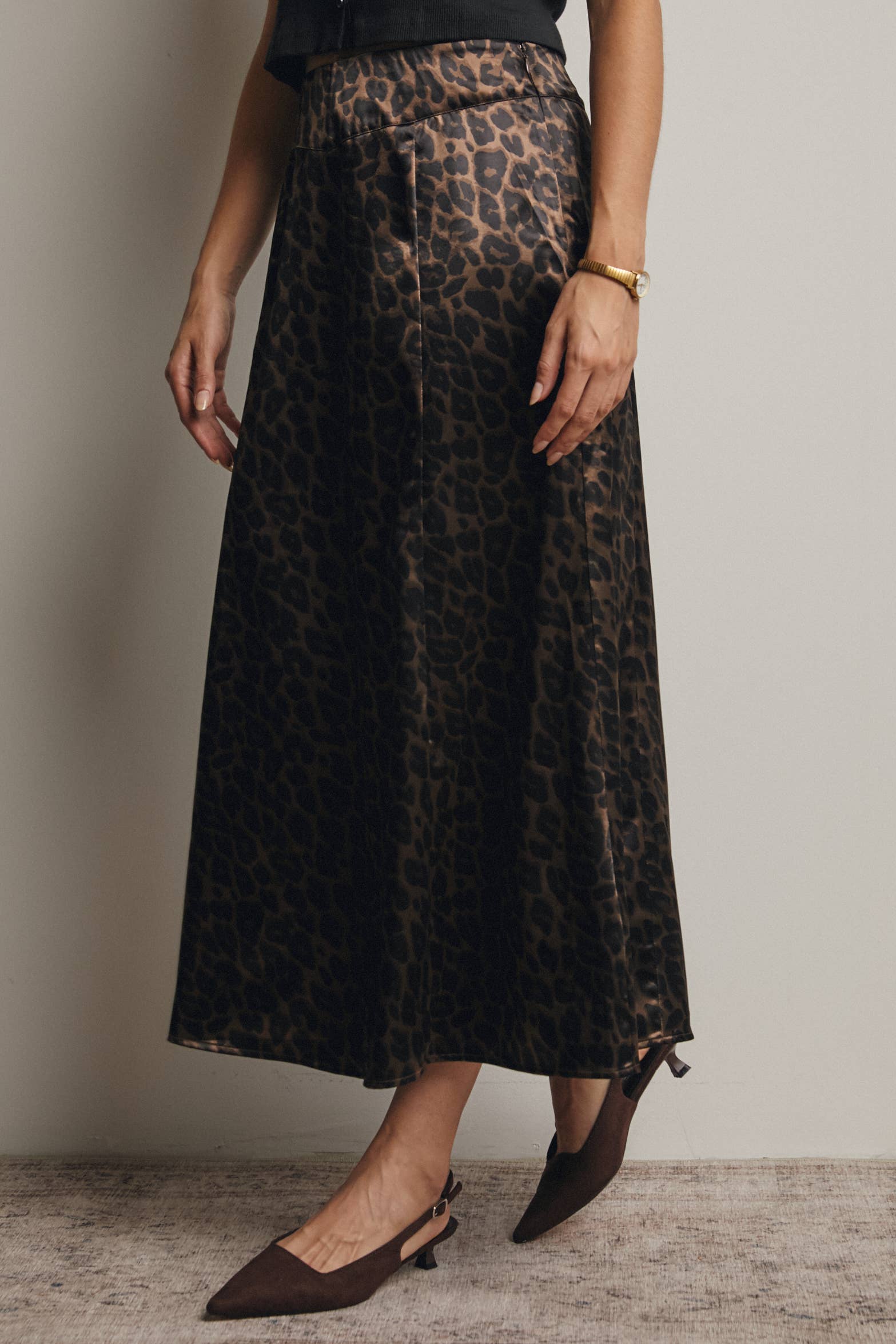 Forte - Wholesale Skirt - Women's - Leopard Print Satin Midi Skirt FSK000717