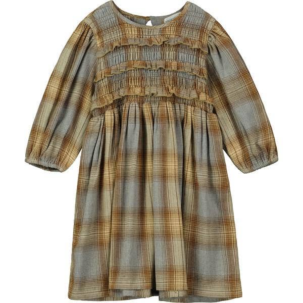 Robe paysanne froncée en gris et marron pour la vente par Poppet & Fox