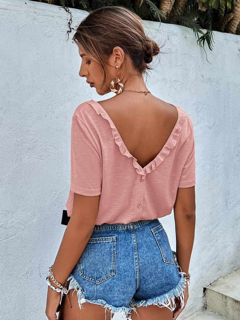 Flarix - Wholesale Blouse - Women's - frenchy fake button ruffle trim v back tee6