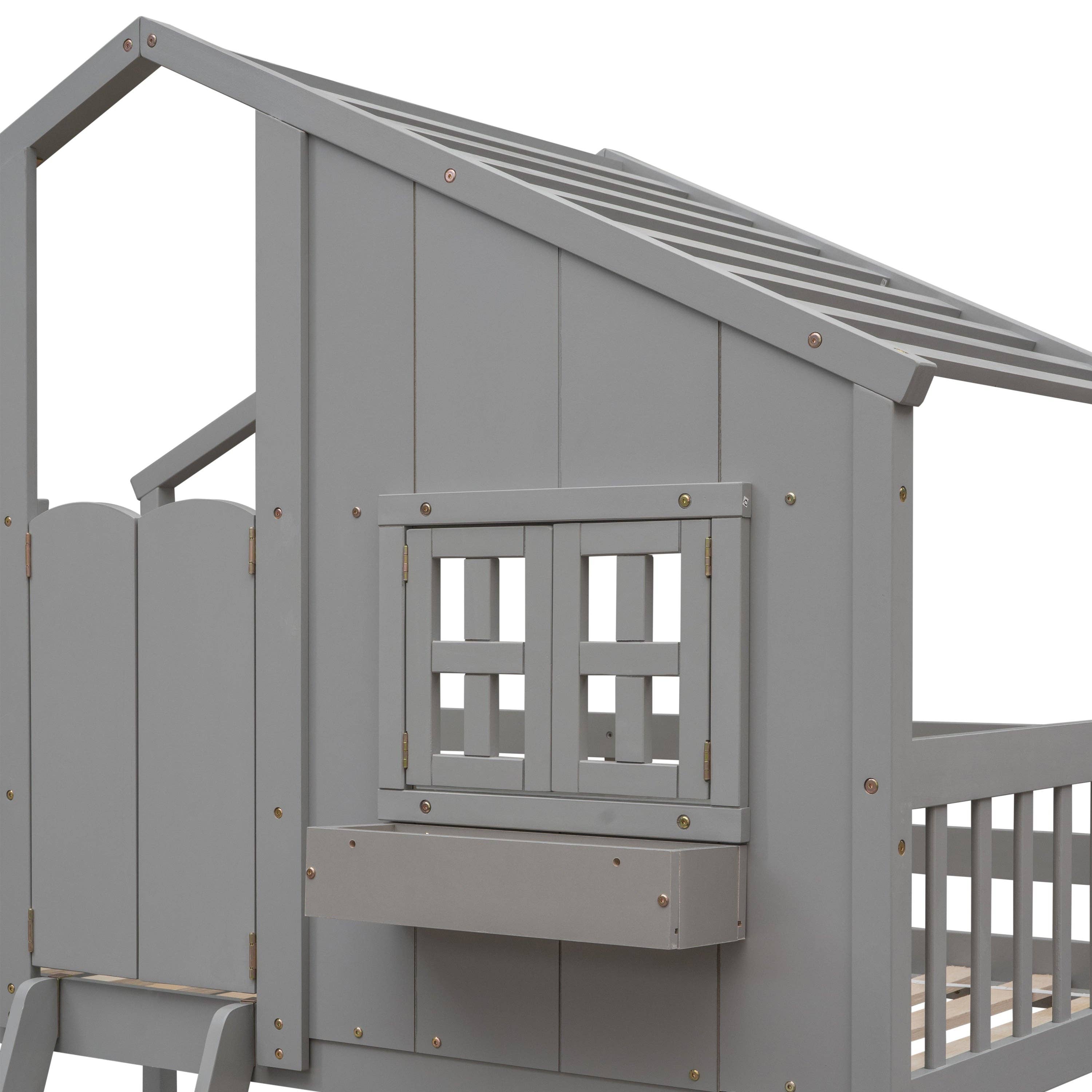 39F Inc. - Wholesale Bed - Kids & Baby - Grey Twin over Twin House Bunk Bed with Roof, Guardrails 10