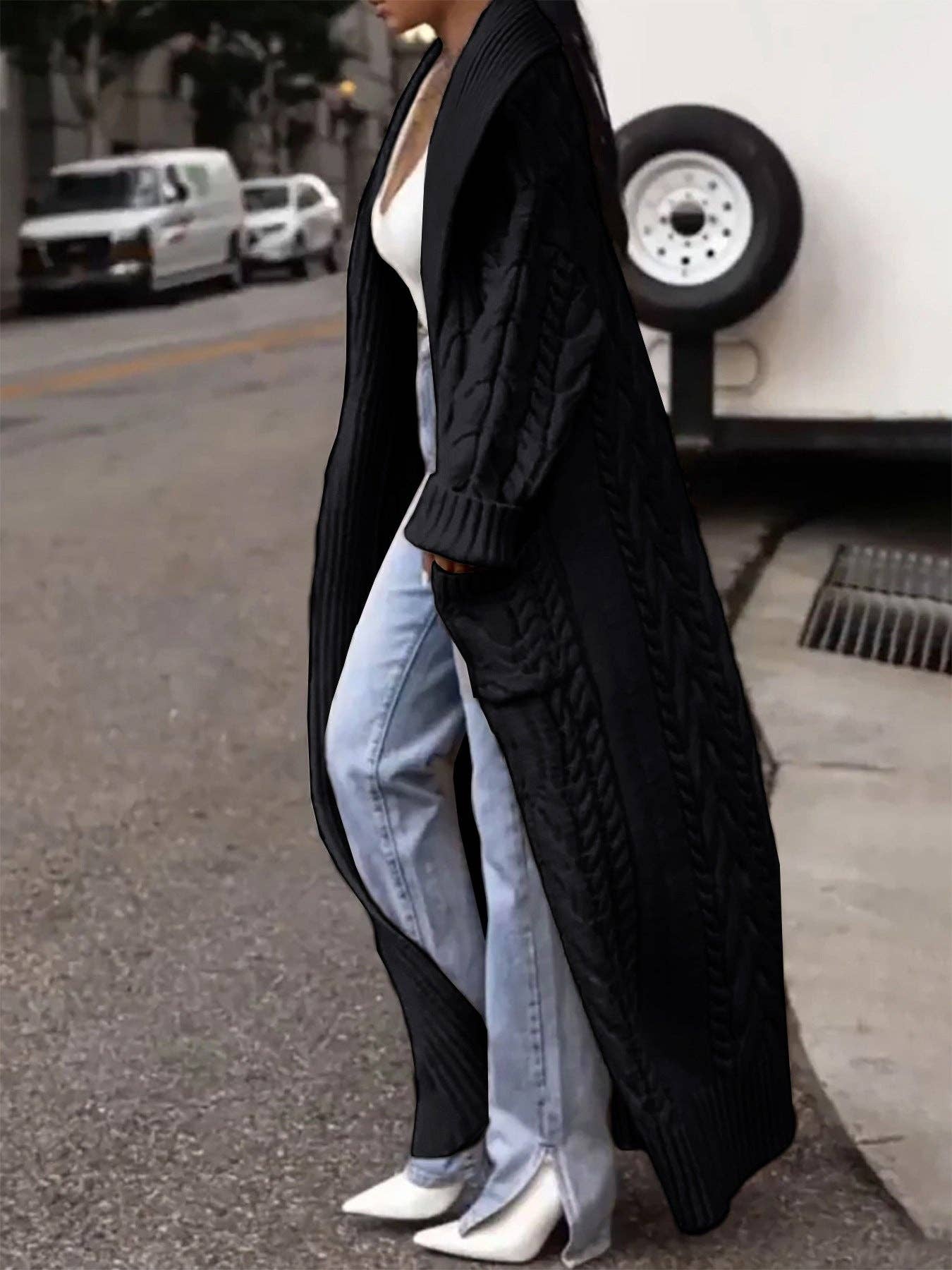 alberalkirk - Wholesale Cardigan - Dames - Chunky Kabelgebreide Lange Vestjas N5A0357