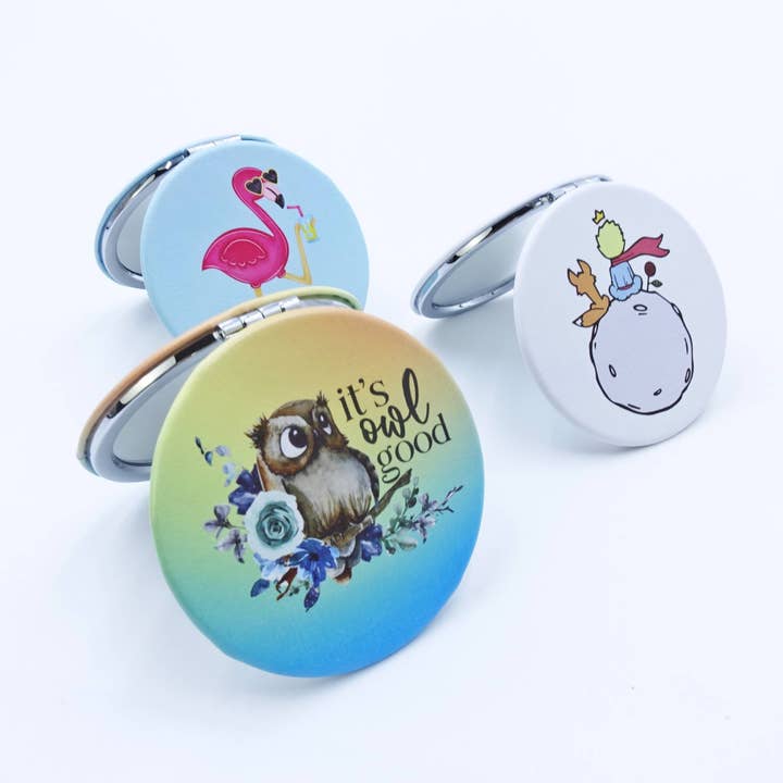 Round Compact Metal Mirror Little Prince, Owl, Flamingo for wholesale by CRETE TRADING INC