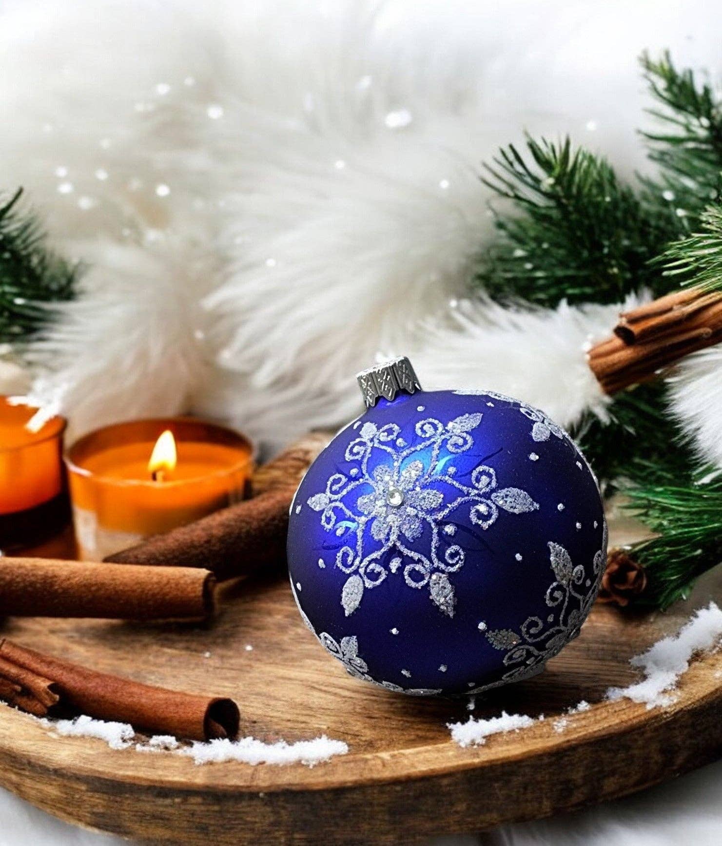 Glass by Iness - Wholesale Ornament - Blue Blown Glass Ornament - Handcrafted - Fancy Snowflake Design2