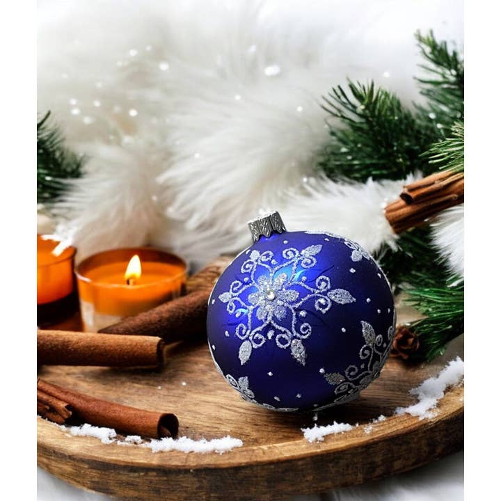 Glass by Iness - Wholesale Ornament - Blue Blown Glass Ornament - Handcrafted - Fancy Snowflake Design2