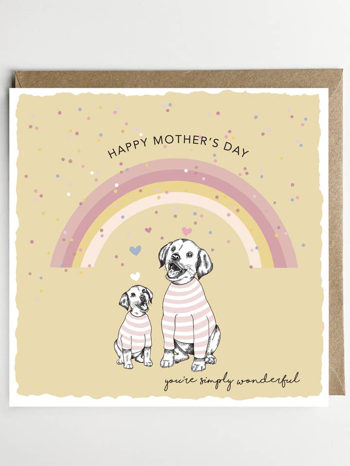 Mors dagskort/Lykønskningskort - hund og Rainbow-kort for engroshandel hos Dotty Dog Art