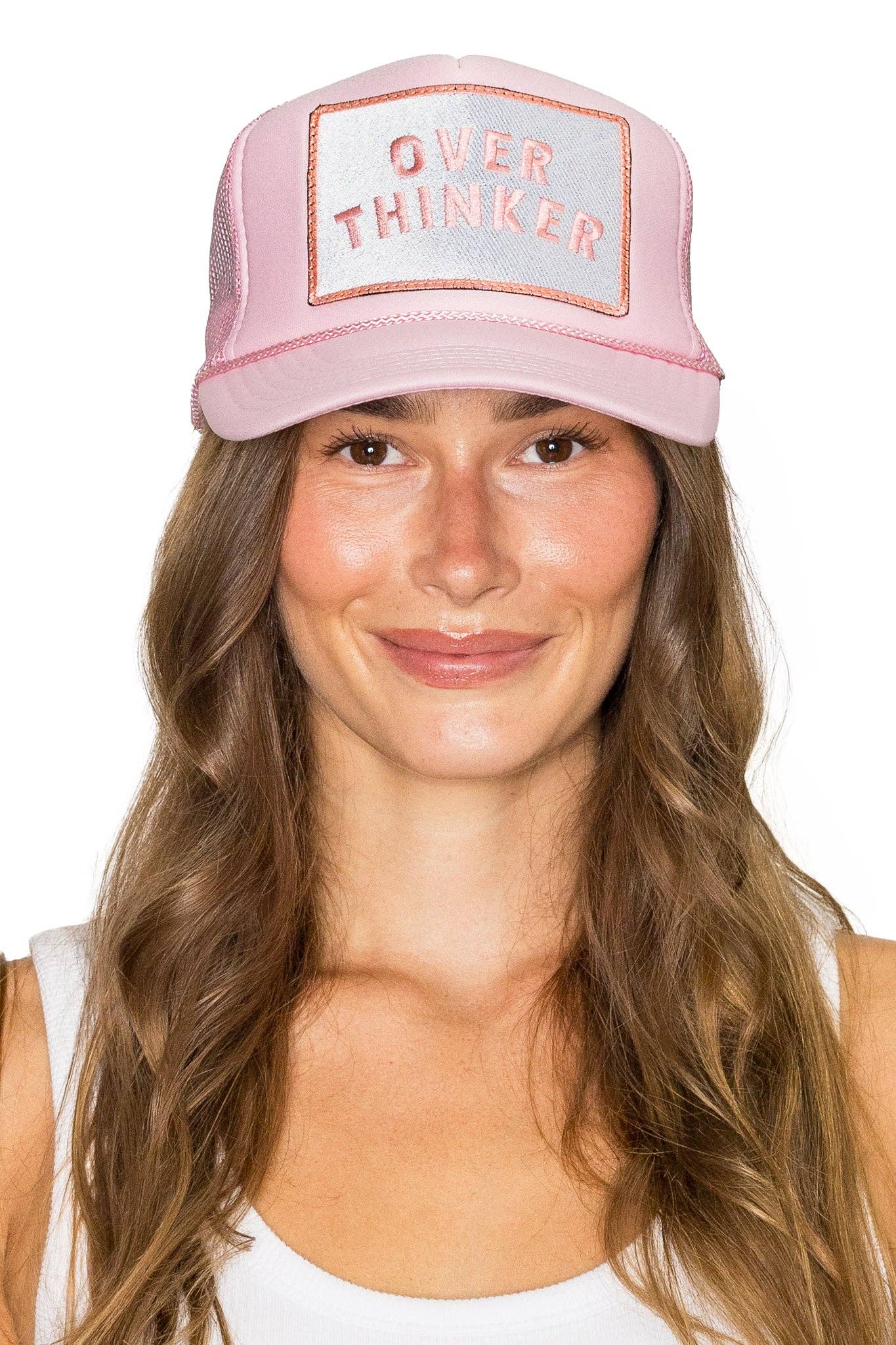 Overthinker Trucker Hat in Soft Pink for wholesale on Faire2