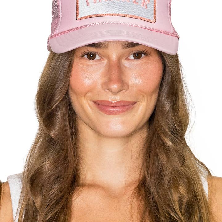 Overthinker Trucker Hat in Soft Pink for wholesale on Faire2