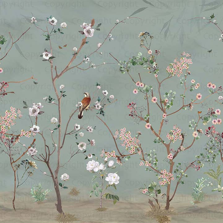 Walloro Luxury Embossed Wallpaper – Großhandel Tapete – Extra große Chinoiserie-Blumentapete, grüne Vogelblüten-Wandmalerei, benutzerdefinierte Größe, luxuriöse, moderne Tapete, nicht geklebt, waschbar, abnehmbar